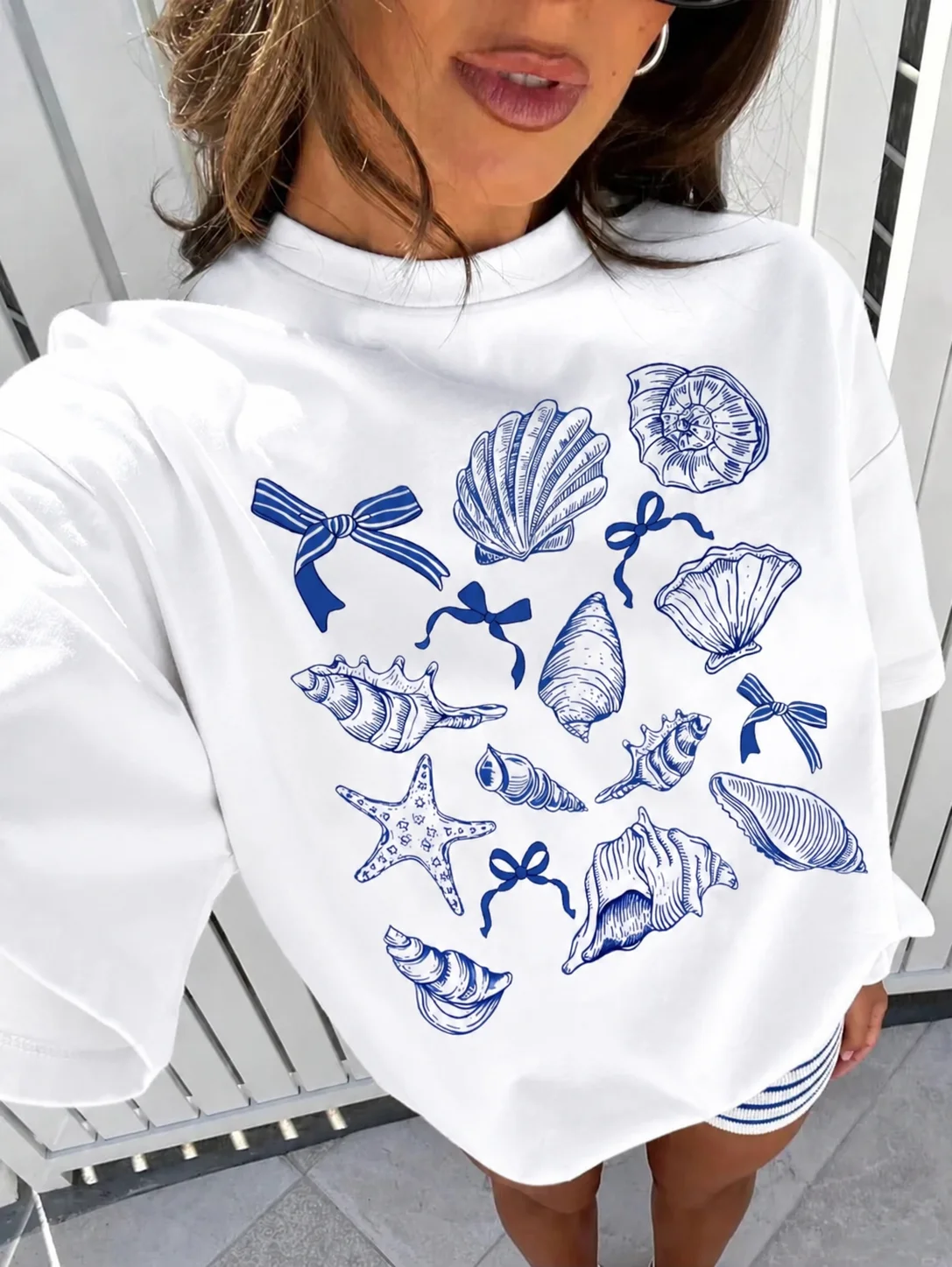 Summer American Retro Y2k Marine Animal Conch Bow Pattern T-shirt Women's Loose Round Neck Street Clothing Half-sleeved Top