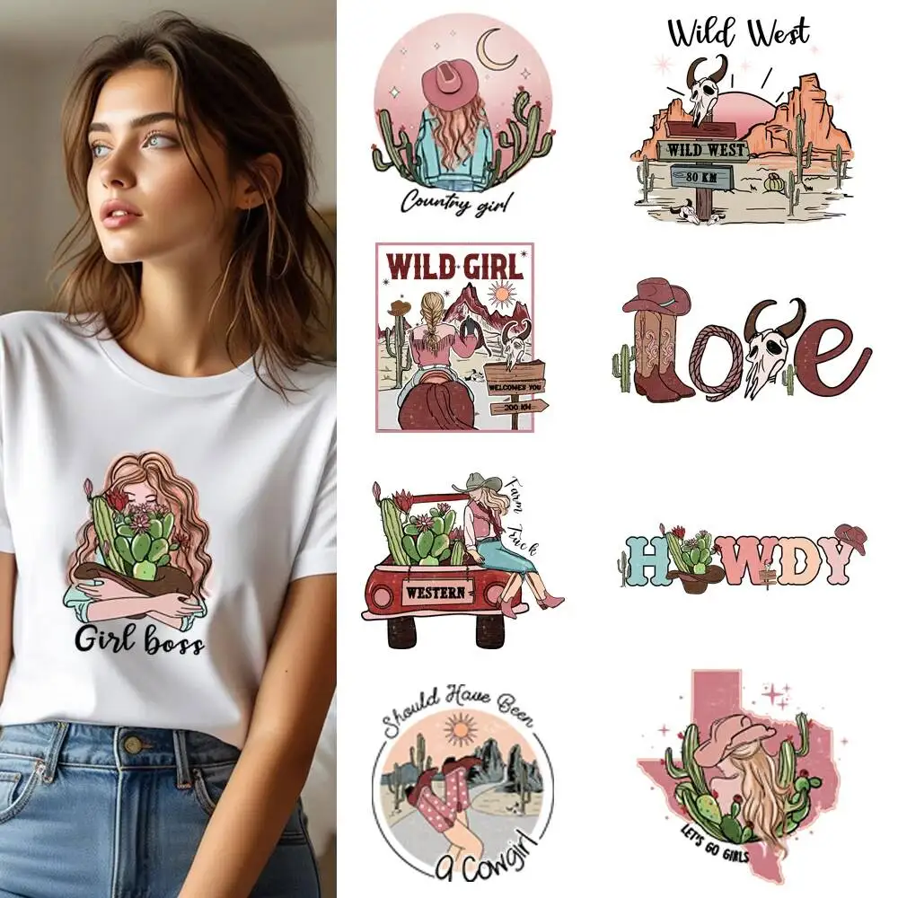 Cartoon Western Life Wild Cowgirl Transfer Patches For Clothes Applqiues DIY A-Level Washable T-shirts Iron-on Thermal Stickers