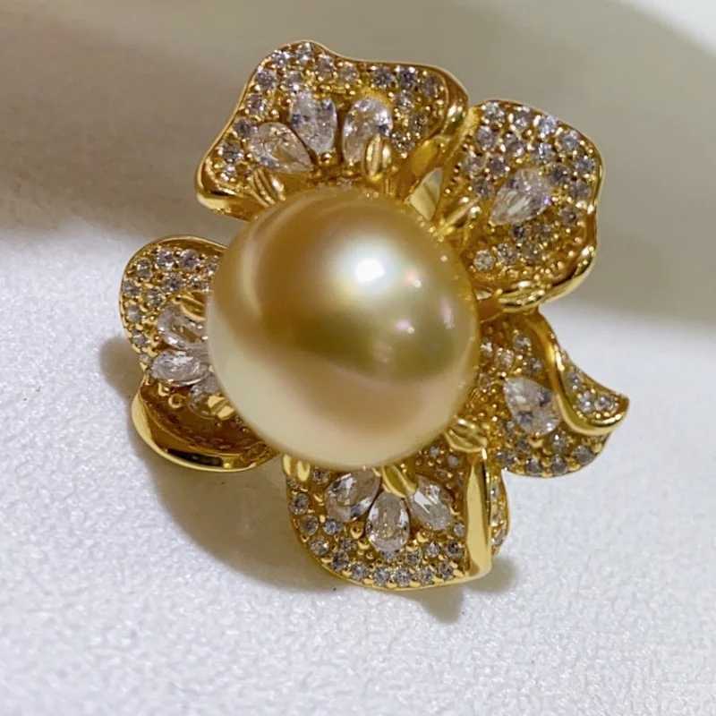 SGARIT غرامة فاخرة جنوب البحر الذهبي اللؤلؤ 2025 11-12 مللي متر 925 الفضة الذهب زهرة خاتم اللؤلؤ لحفلات الزفاف SR08 #2