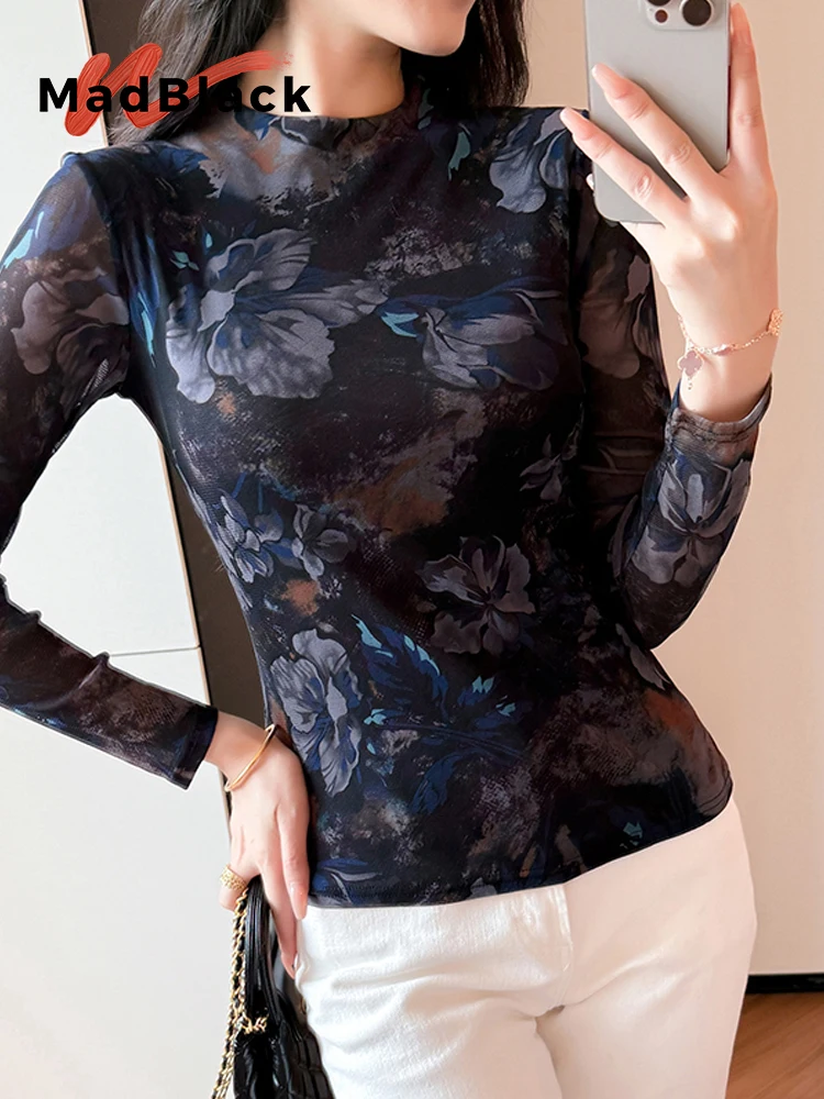 

MadBlack-Женская европейская футболка, сексуальная водолазка с цветочным принтом, клубная одежда, тонкая сетчатая футболка с длинными рукавами S-3XL, осень 2021, T5O657CC