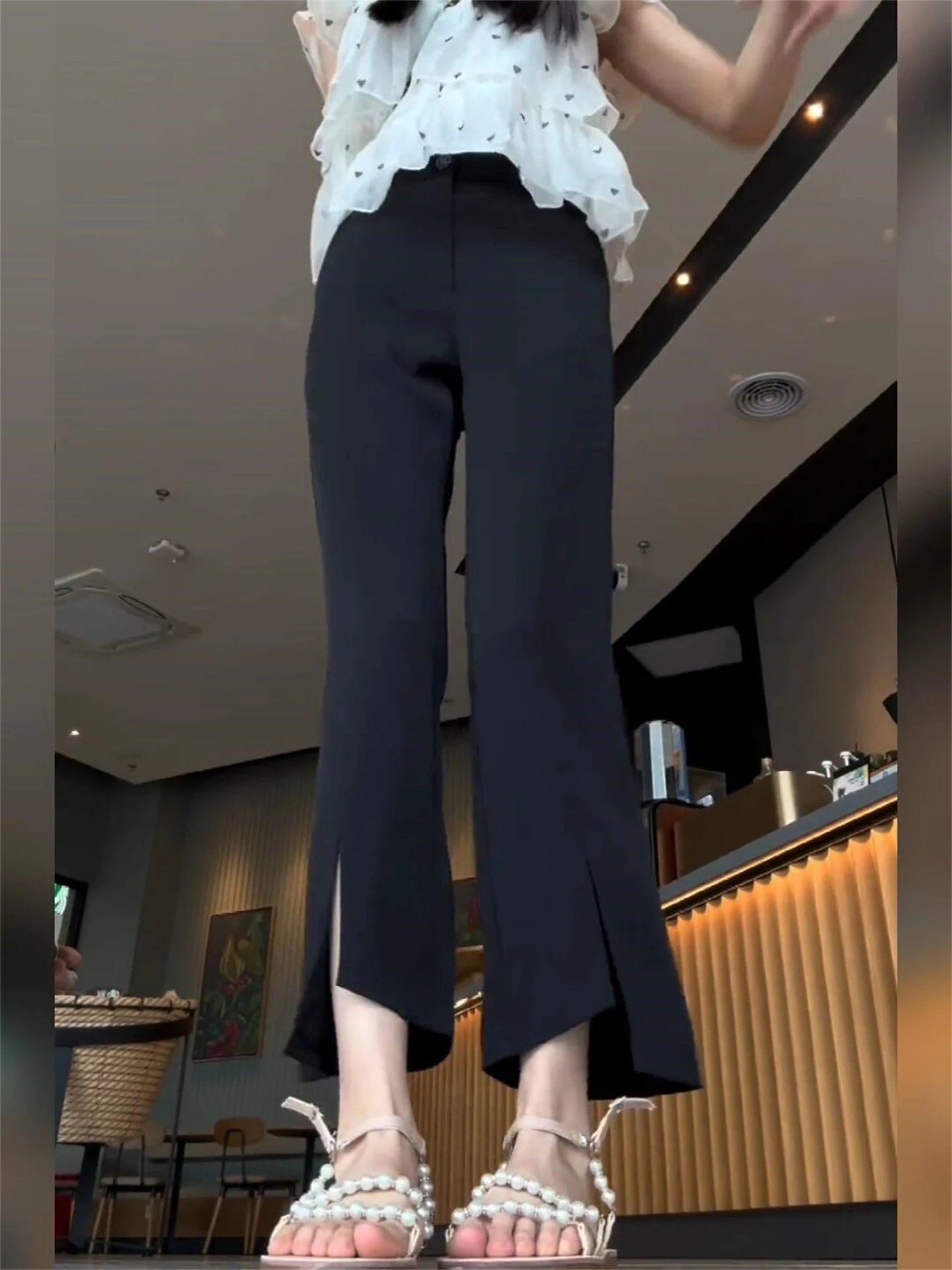 High Waist Asymmetric Slit Suit Pants Women's Ice Silk Micro Flared Pants Korean Style Commute Fashion Slimming Nine Points