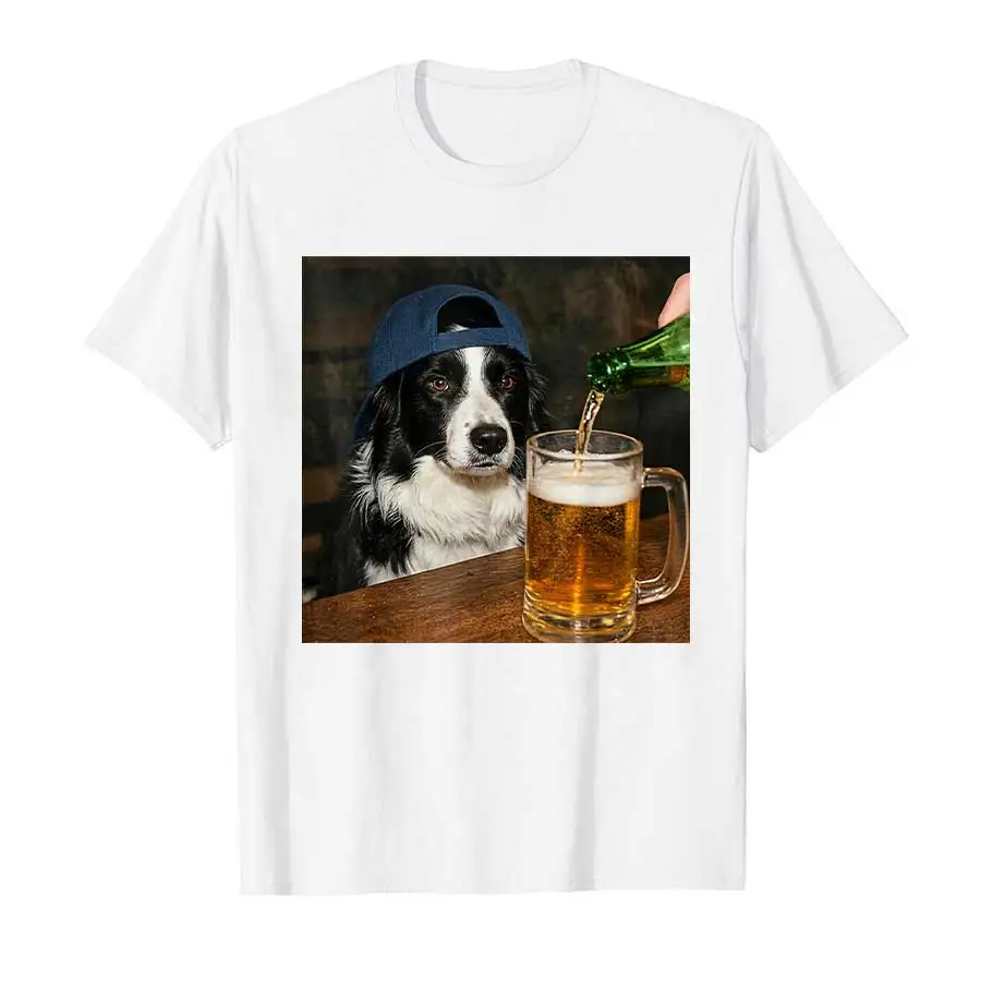 New Border Collie Drinking Beer Funny Dog Meme T-shirt for Men Women 100% Cotton T Shirts Short Sleeve Tops S-5xl