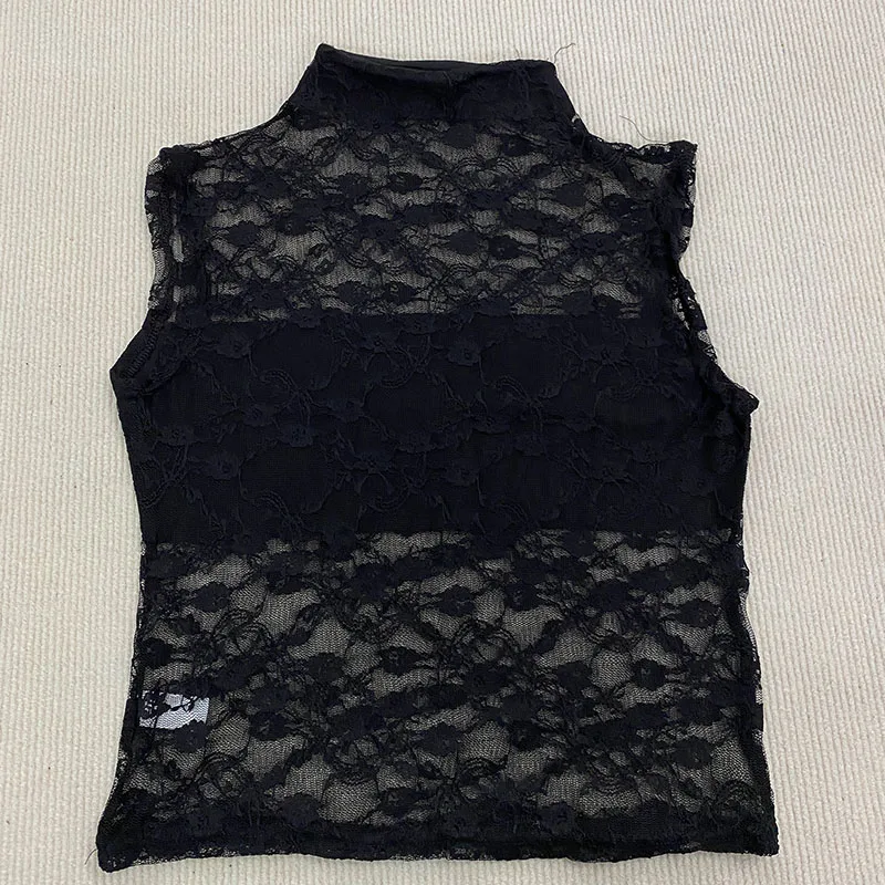 الفرنسية الشارع أناقة الإناث شبكة تول منظور الدبابات الأعلى 2025 مثير الدانتيل الأزهار أكمام جولة الرقبة بلون سترة مثيرة #2