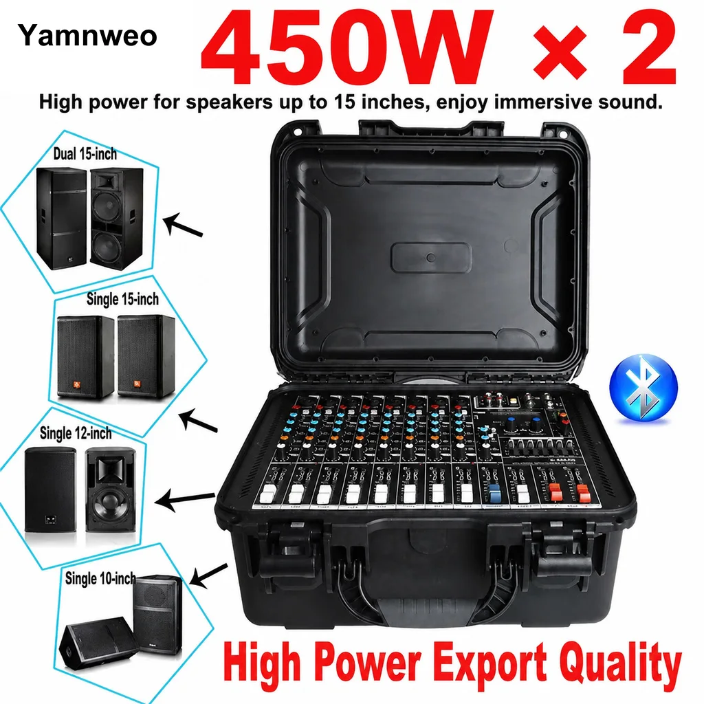 YAMNWEO 450Wx2 Power Amplifier Mixer, 8-Channel 99 DSP Digital Professional Active Audio Mixer, with Bluetooth and USB, Comes with a Flight Case for Easy Outdoor Use
