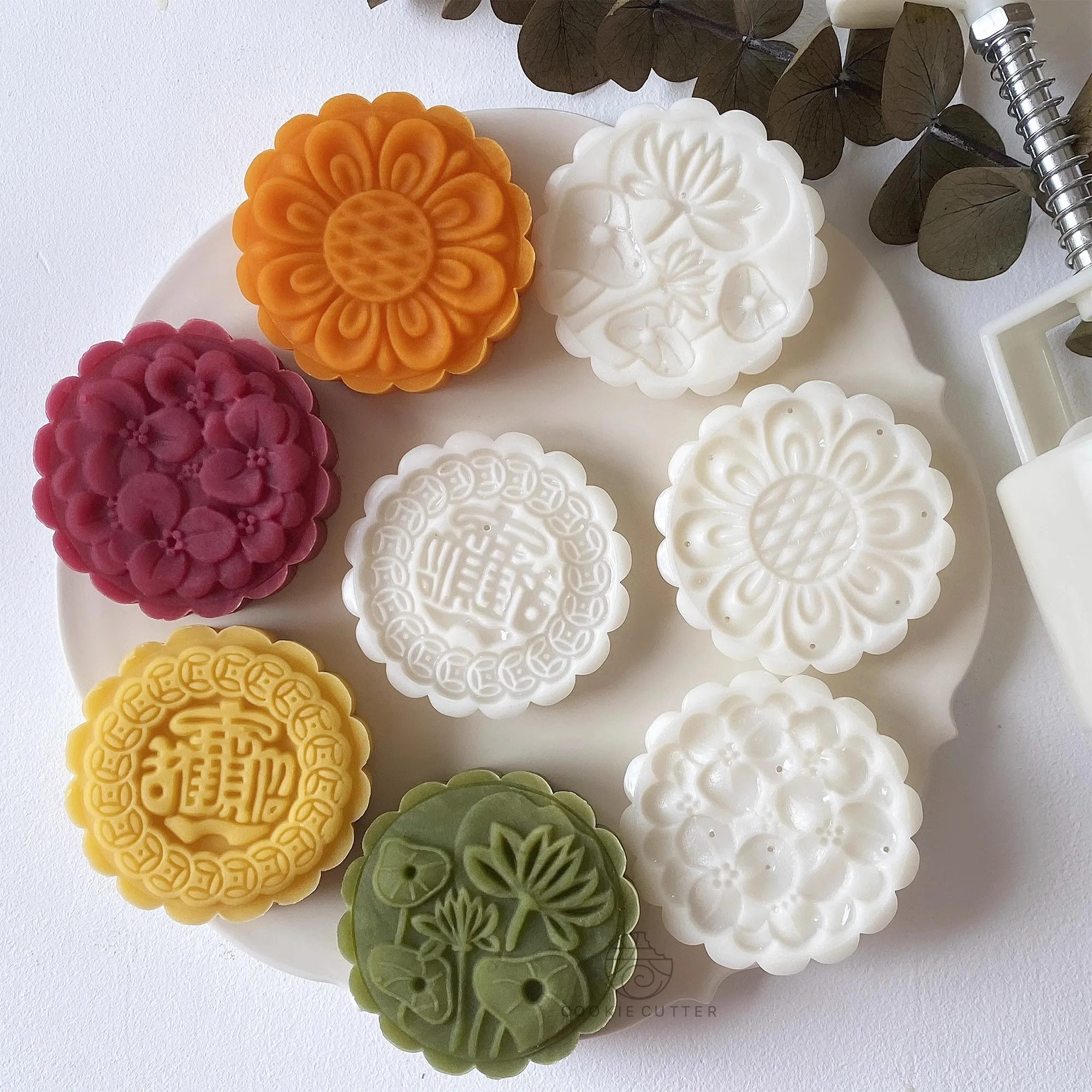 4Pcs/Set 50g 75g Mooncake Press Mold Chinese Character Style Flower Shape Cantonese Cookie Stamp Mung Bean Cake Pastry Equipment