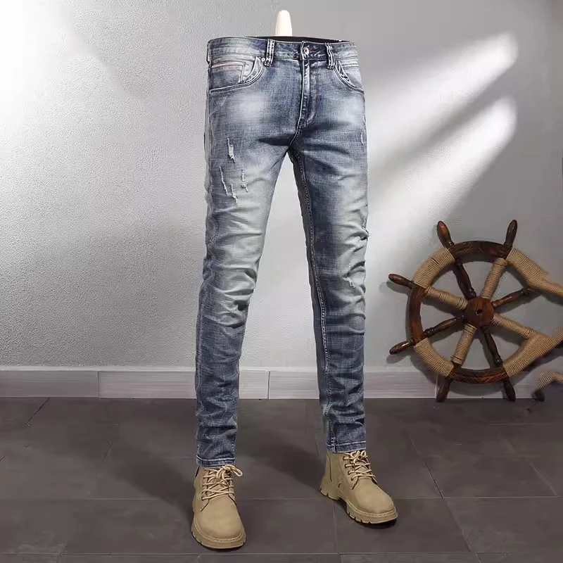 Men HOMBRE Cloud Washed Skinny Jeans Vintage Faded Scratch Distressed Slim Tapered hombe