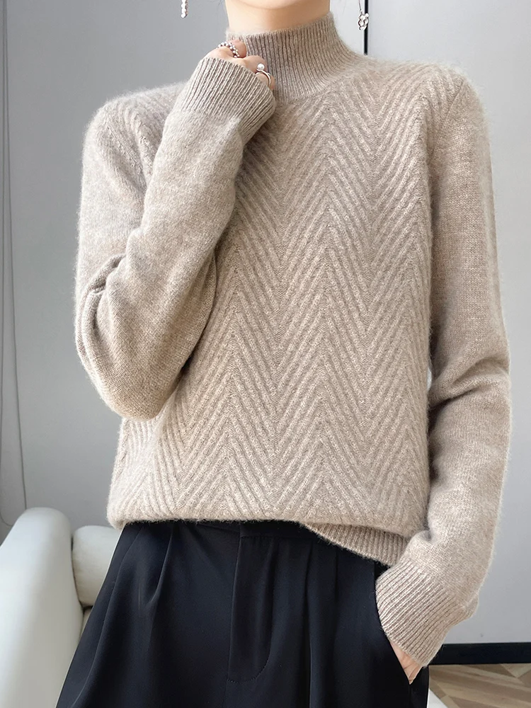 High Quality Women Mock Neck Pullover 100% Merino Wool Sweater Autumn Winter Thick Warm Soft Casual Cashmere Knitwear Korean Top