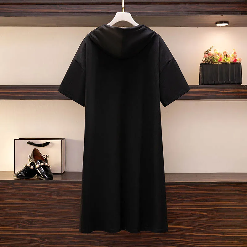 150Kg Plus Size Women's Bust 157 Summer Loose Short-Sleeved Hooded Zipper T-Shirt Dress Black 6XL 7XL 8XL 9XL 10XL