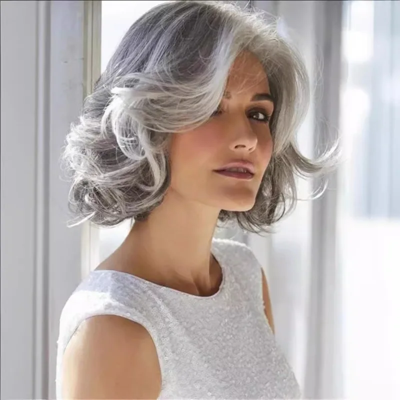 Women's European American Synthetic Long Wig Gray-White Short Hair with Fullness Side-Swept Long Bangs Export Synthetic Hair Cap