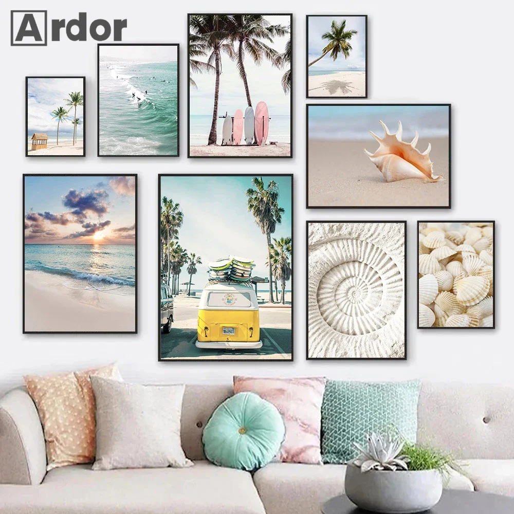 

Sea Beach Painting Poster Surfboard Palm Tree Canvas Print Picture Conch Shell Art Prints Nordic Wall Pictures Living Room Decor