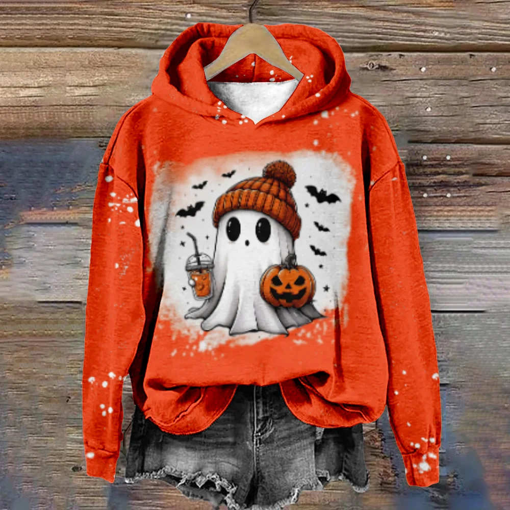 Damska bluza z kapturem Halloween Ghost Kawaii dla kobiet Modny sweter Harajuku Pomarańczowy dres Casual Streetwear