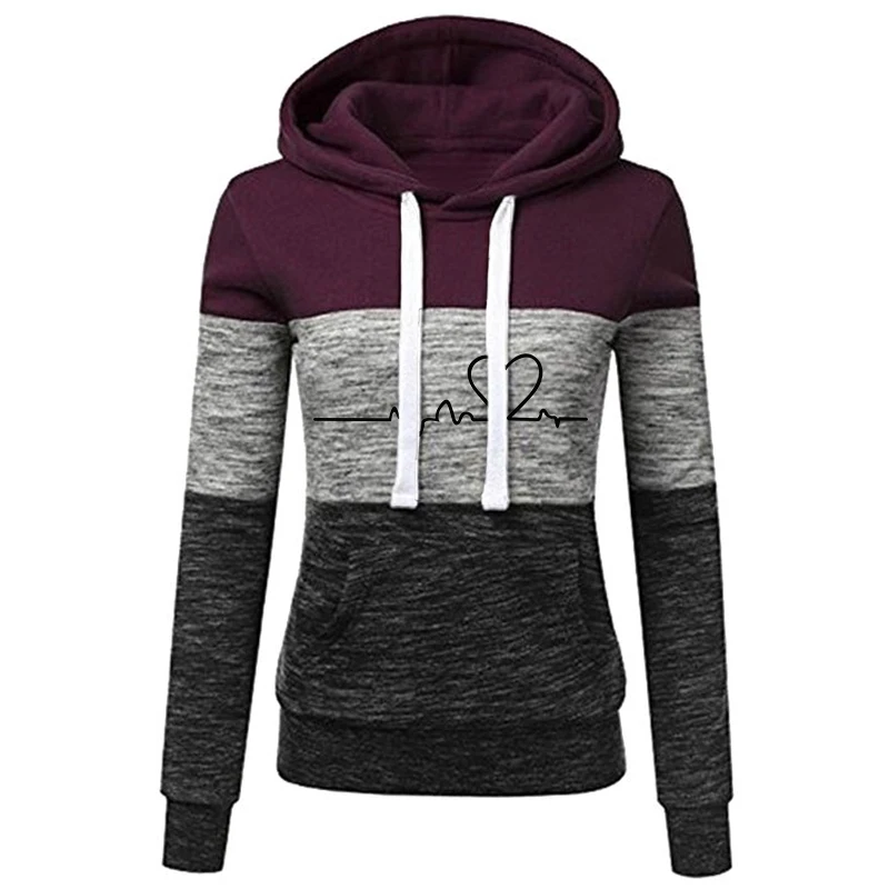 New Women's Fashion Shirt Long Sleeve Wool Pullover Sweatshirt Tricolor Splice Stripe Hoodie Top
