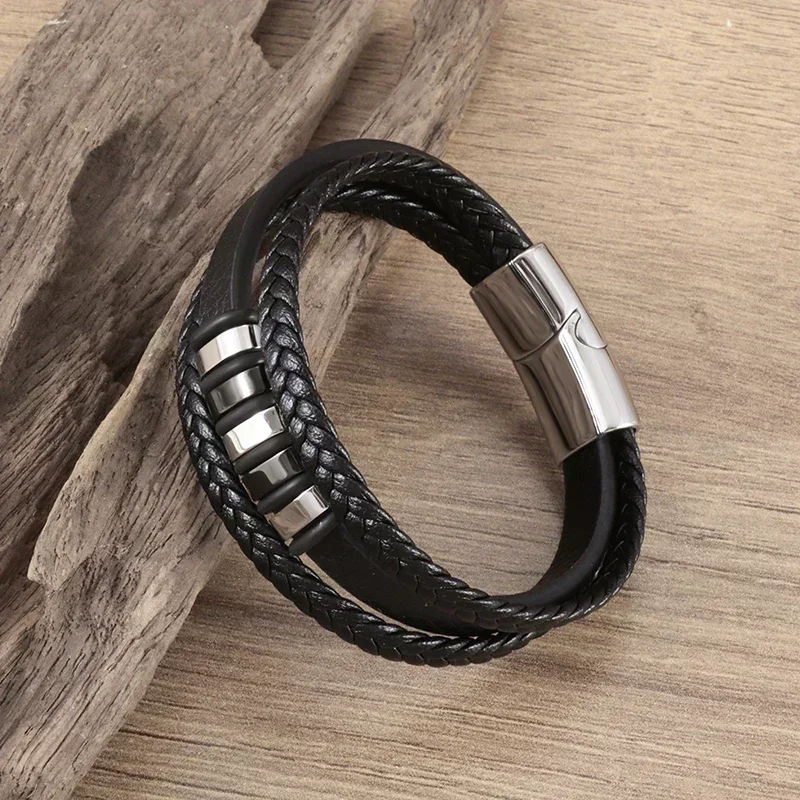 Fashion Design Multi-Layered Hand Woven Leather Bracelet Men Simple Magnetic Buckle Cuff Bangels Casual Party Wristband