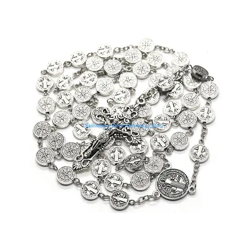 سلسلة مسبحة صلاة معدنية فضية 573B، هدية مجوهرات مسيحية سانت بنديكت للرجال