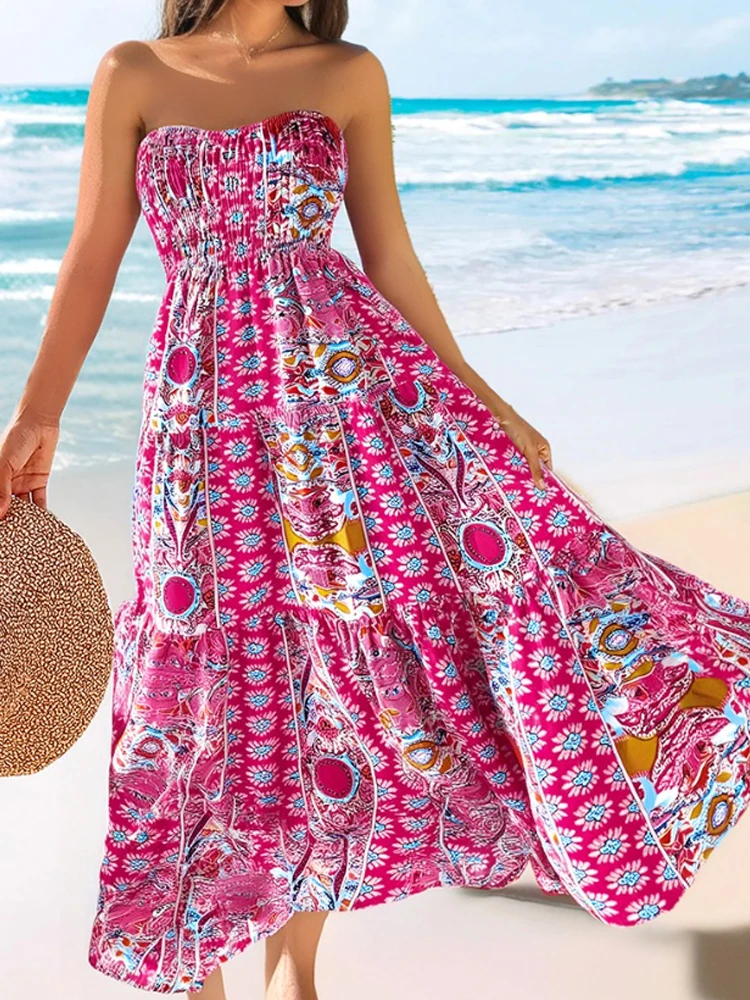 Vestido sin tirantes con estampado de flores estilo playero de verano, vestidos elegantes sin espalda, falda informal con cintura elástica, dos formas de usar 8032