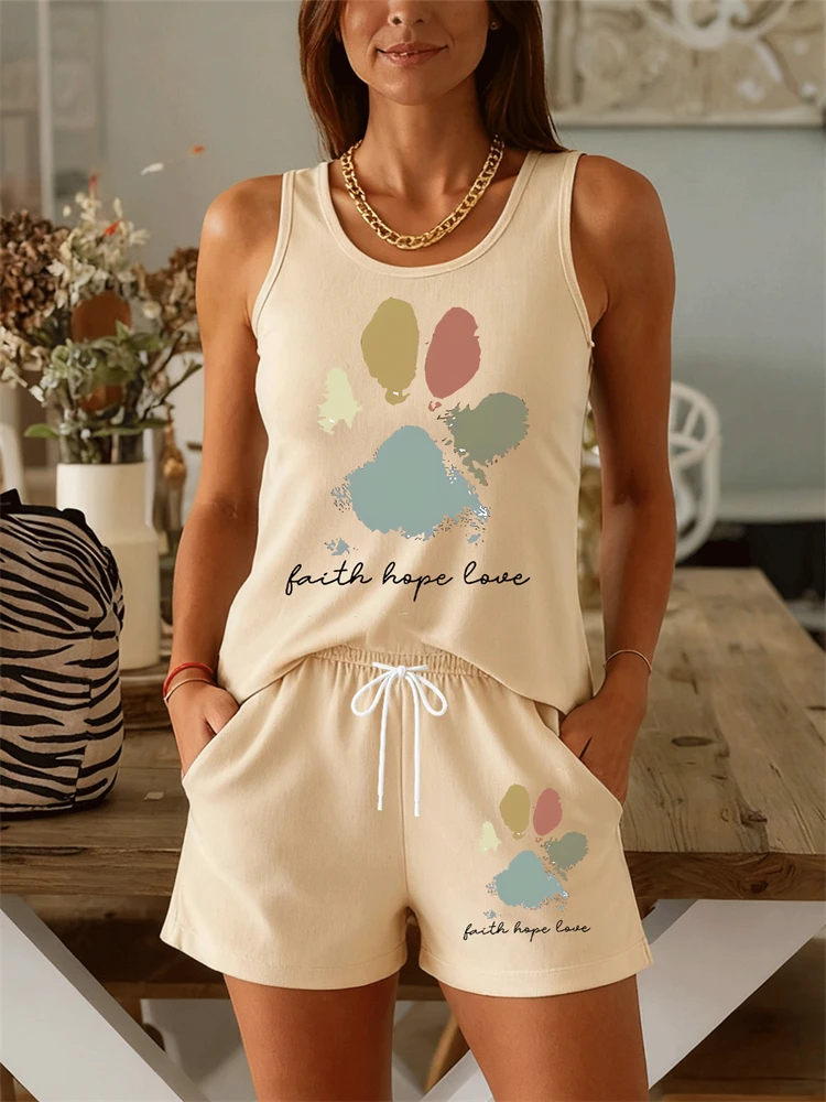 2026 Summer Women's Casual Round-Neck Tank Top Set Cute Cat Paw Print Breathable Loungewear Set Outdoor Jogging Sports Set