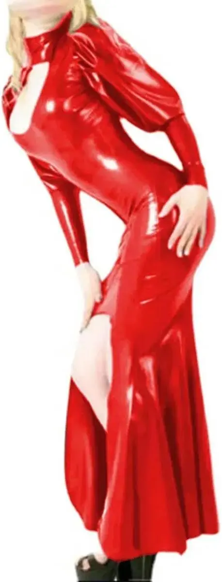

Plus Size Puff Long Sleeve Long Dress Latex Women High Neck Party Evening Dress