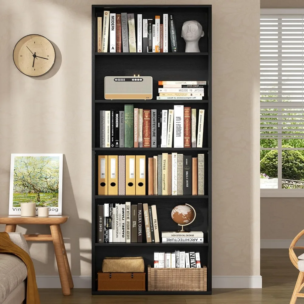 6-Tier Open Bookcase, 70.6" Tall Display Shelves, Floor Standing Storage for Home Office, Living Room (Black) view 2