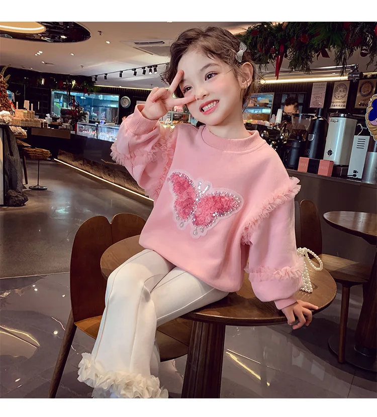 Herbst Kinder Mädchen Sweatshirts Schwestern Partnerlook Baumwollkleidung Pailletten Schmetterling Rüschenbesatz Langarm Rundhals Pullover Tops – Detail 9