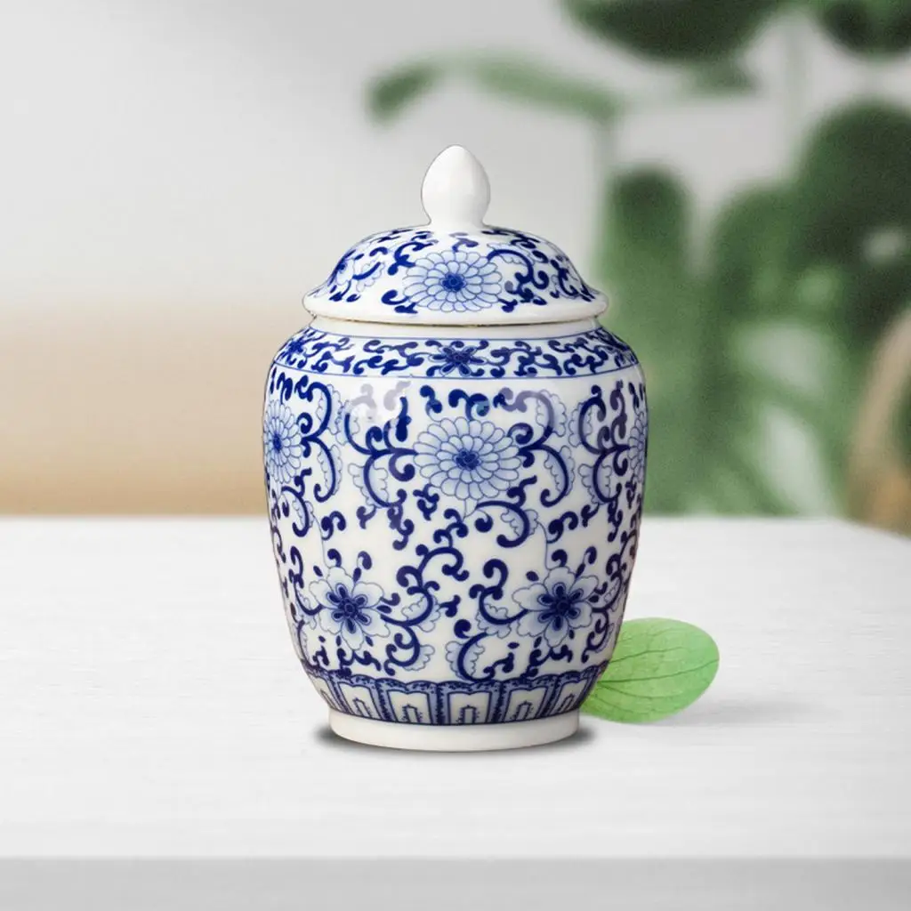Ceramic Ginger Jar Crafts with Lid Mandarin Ornaments Decorative Asian Ginger Jar for Party Desktop Office Countertop Weddings