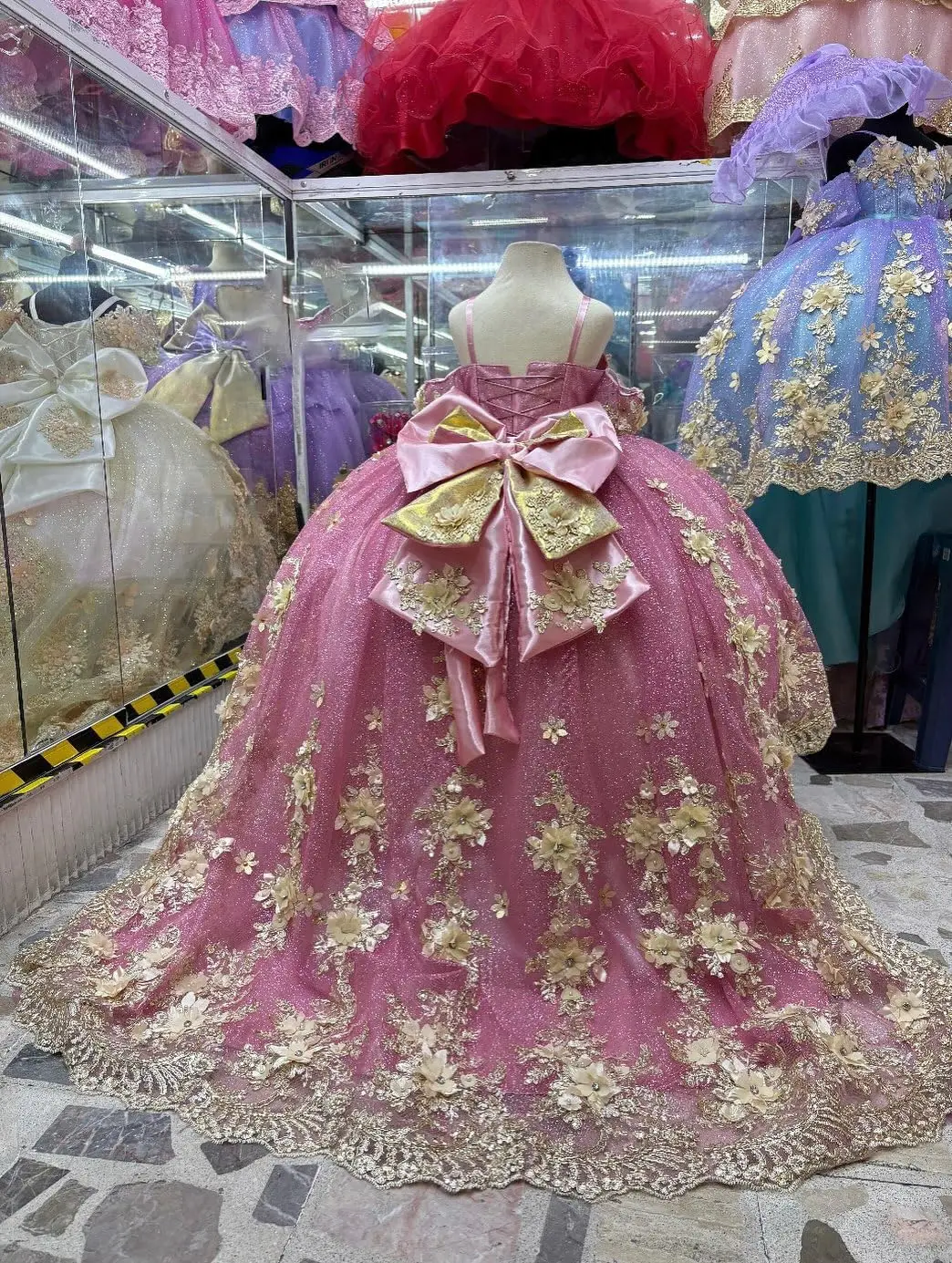 Luxurious Pink Tulle Fluffy with Quality Gold Appliques with Bow Flower Girl Dress for Wedding Birthday Bridesmaid Ball Gowns