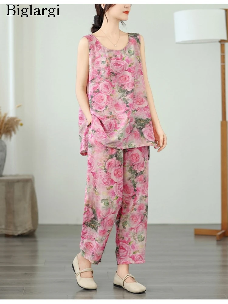 

Oversized Flower Floral Summer 2 Two Piece Set Women Casual Modis Ladies Sleeveless Tops Wide Leg Loose Elastic Waist Woman Pant
