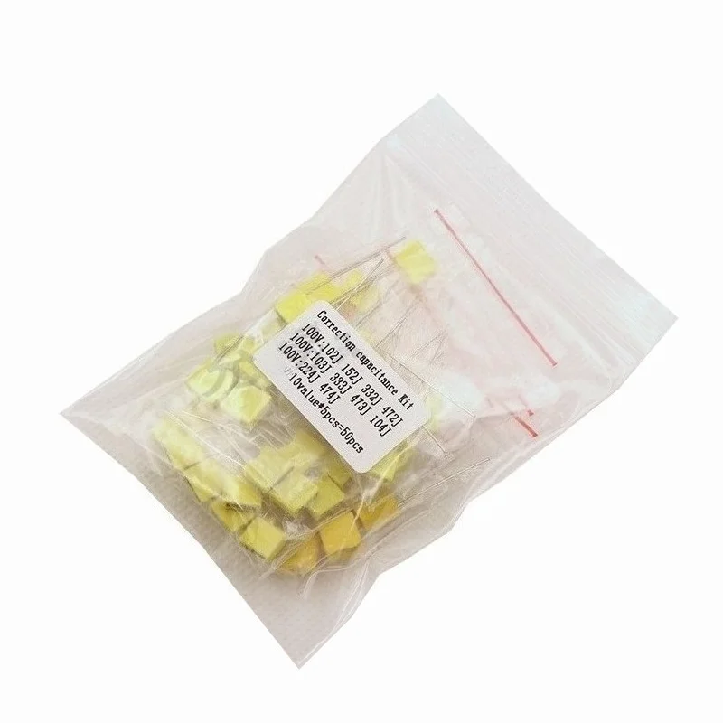 `Correction Film Capacitor Kit 50Pcs 10 Values x 5Pcs 1nF-0.47uF Radial Lead for DIY Electronics`