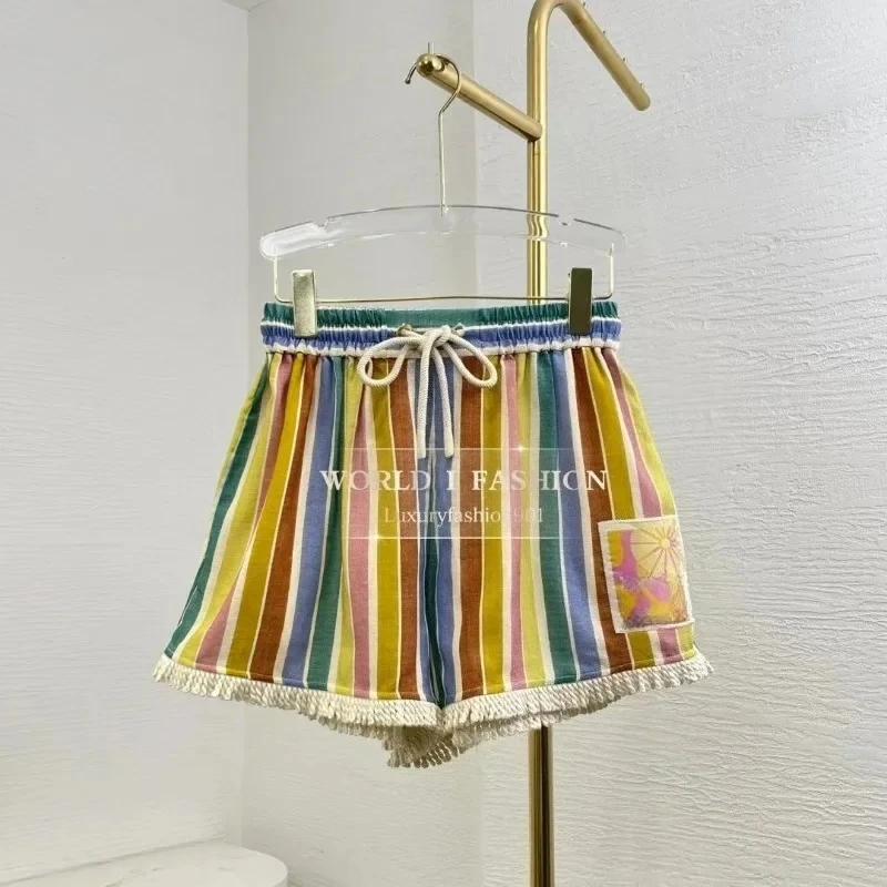 

Multi Color Striped Print Long Sleeve Warp Blouse Tops and Shorts Sets 2025
