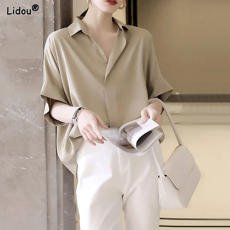 2023 Women\'s Clothing Thin Blouses Shoulder Drop Loose Turn-down Collar Solid Color Button Simplicity Office Lady Casual Elegant