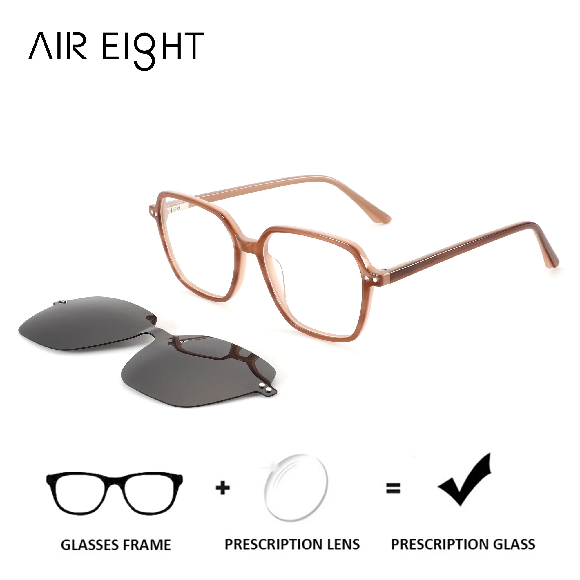 AIREIGHT Acetate Polygon Magnetic Clip On Prescription Glasses For Women Blue Light Myopia Graduated Lenses Progressive Eyewear