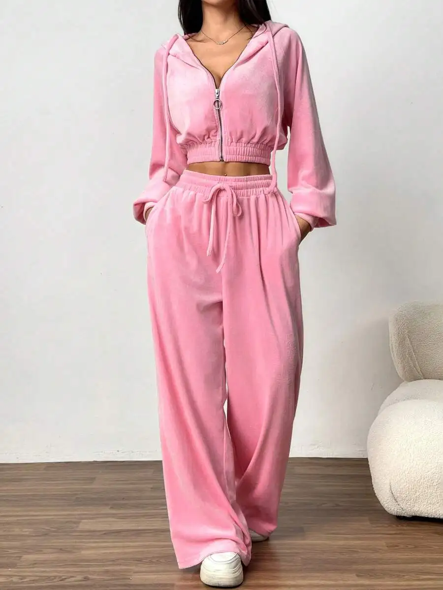 

Women Solid Color Zipper Front Long Sleeve Hoodie And Pants Set Casual Minimalist