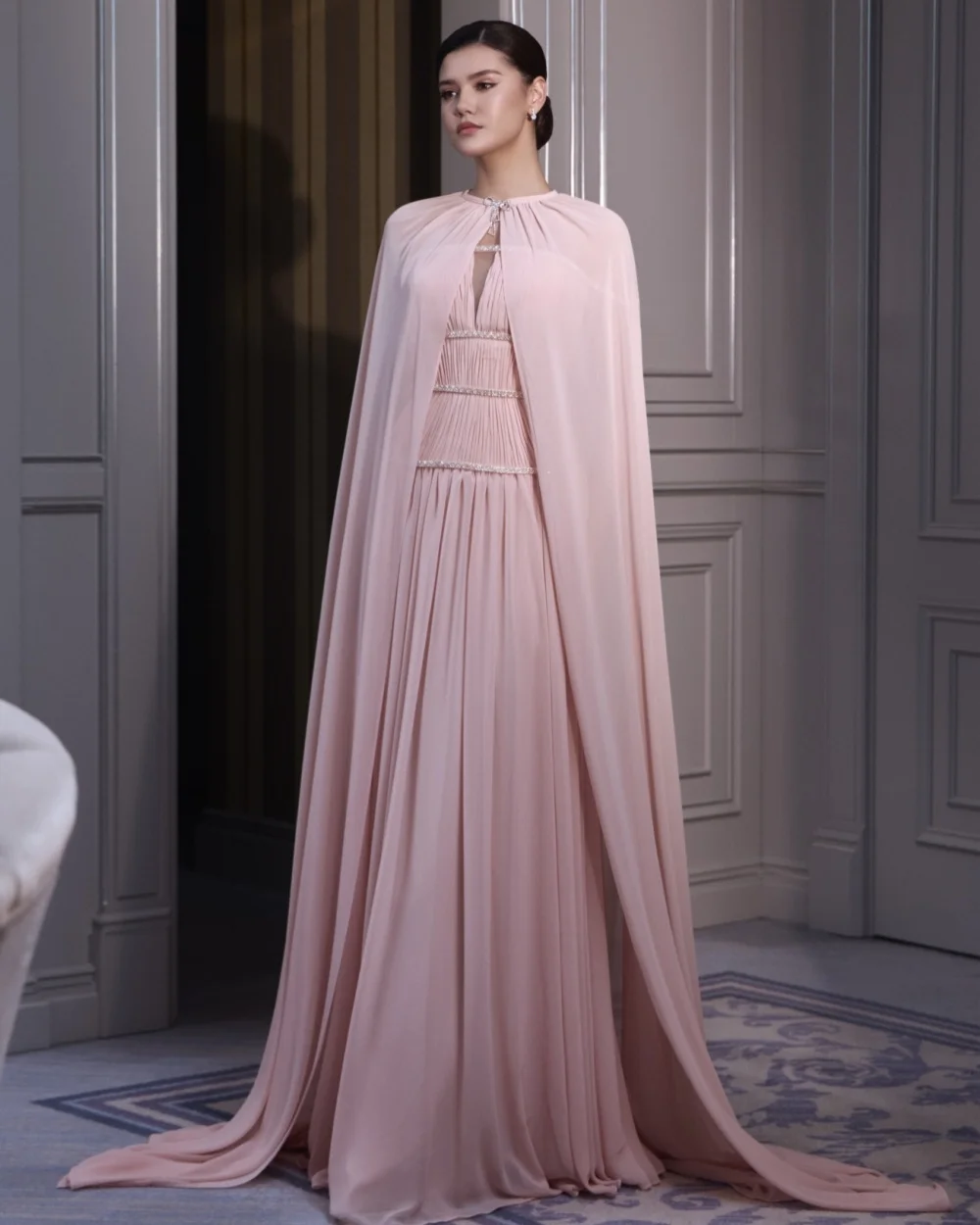 

Customized High Quality Women Chiffon Beading Ruched Straight Evening Dress Fashion Strapless SleevelessFloor Lenght Party Gowns