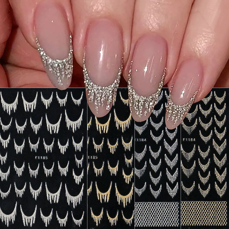 Adesivos de arte de unha francesa com glitter reflexivo, brilhante, ouro, prata, borla, grades geométricas, adesivos, decalques, faça você mesmo, manicure