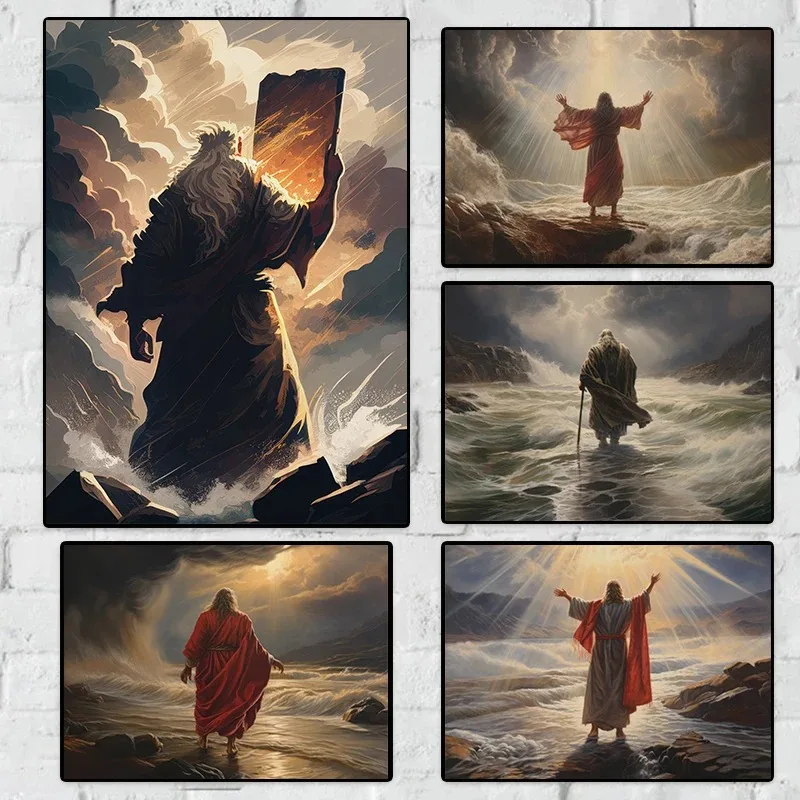 (No frame)Classic Moses Parting The Red Sea Posters Jesus Christian Gifts Bible Prints Canvas Wall Art Pictures Home Living R