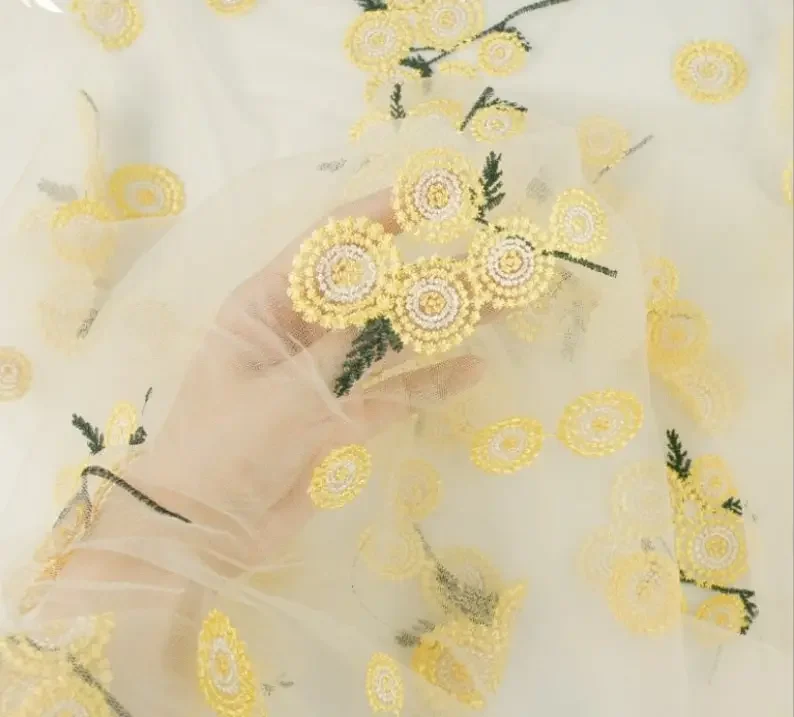 

1 Yard Yellow Dandelion Flower Lace Fabric flower Embroidery Nude Tulle For Girl Dress Tutu Dress Wedding Dress Bridal Veil