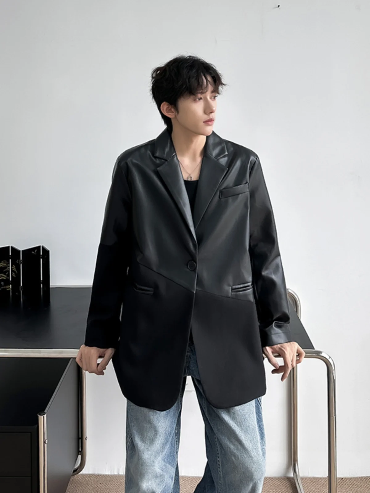 American Retro Pad oulder Patchwork Leather Design Men's Suit Jaet Autumn Spring Loose Casual Sle Classic Single-breasted