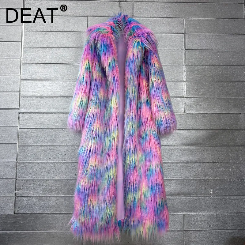 DEAT 2025 Winter New Items Imitation Colorful Long Coat for Women Faux Fur