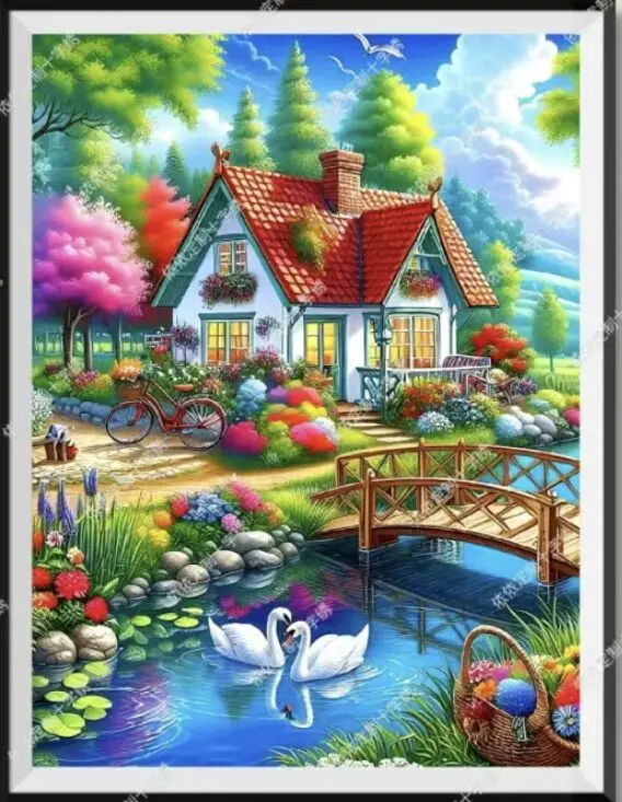 

9ct 60x80cm Swans House Embroidery DIY Chinese Style Printed Kits Cross Stitch Needlework Set Home Decor Crafts