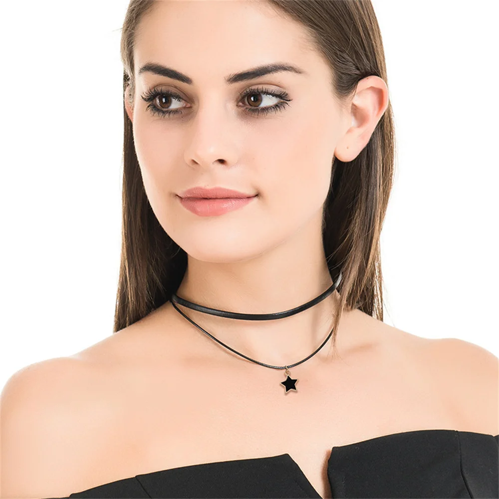 Gothic Double-Layer Thin PU Leather Choker Necklace Acrylic Star Pendant Collar Women Clavicle Chain Sexy Jewelry Drop Shipping