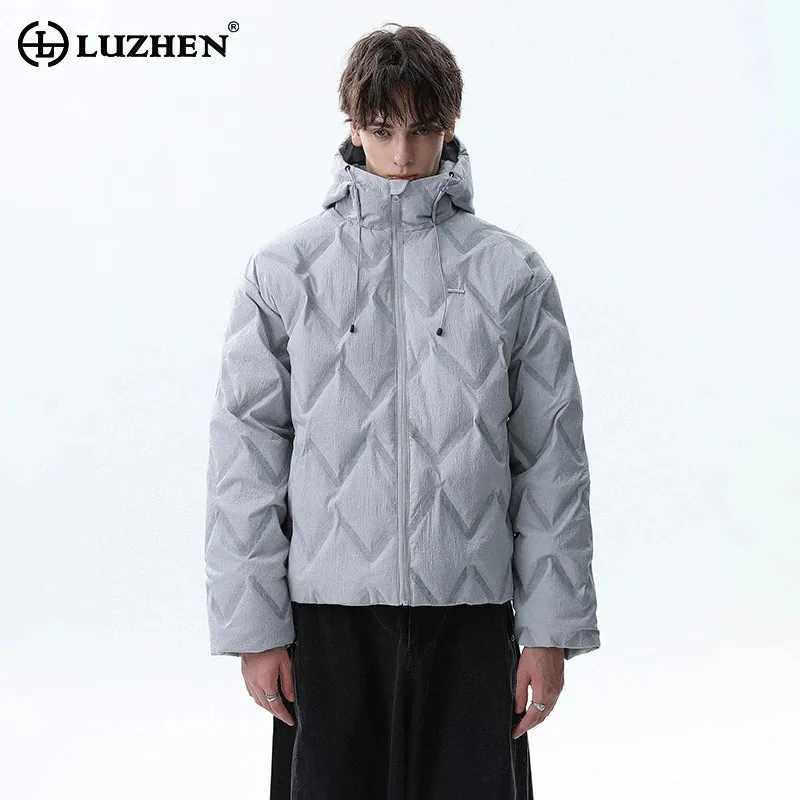 LUZHEN 2025 شتاء جديد تنقش فحص بلون سميكة الدافئة مقنعين معطف مبطّن الرجال أنيق وسيم سترة سترة JY5225