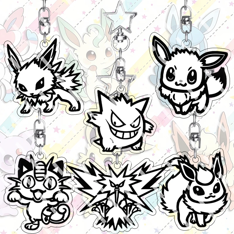 Chaveiro de Acrílico com Desenho Preto de Anime: Flareon, Gengar, Eevee, Meowth, Zapdos, Jolteon - Pingente de Joia para Jogos e Presentes
