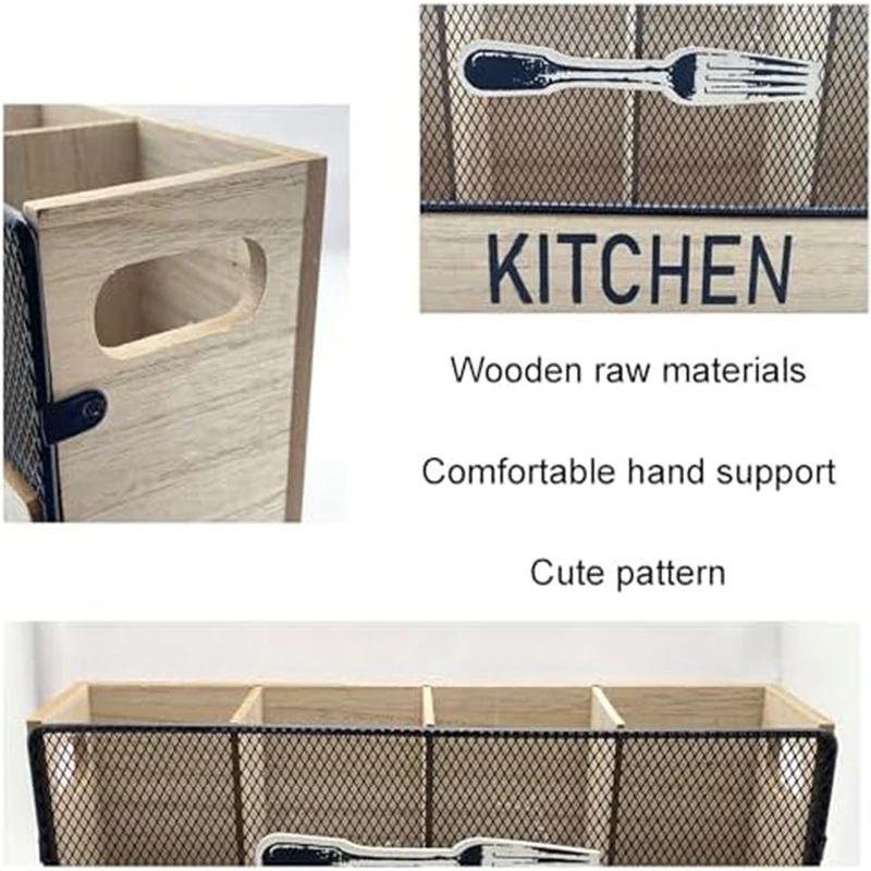 Kitchen Counter Utensil Holder Metal Paired With Wood Flatware Organizer 4 Compartments For Spatula Crock Cutlery