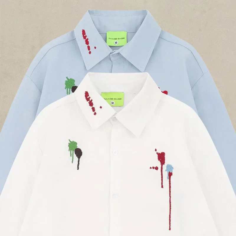 American Street Hand-painted Graffiti, Splashed Ink, Embroidered Long Sleeves, Loose Casual Niche Shirts, Men and Women Shirts