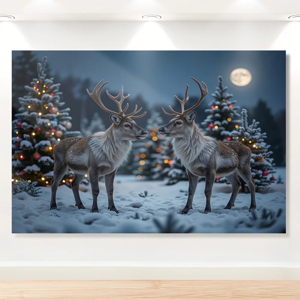 tapestry1pc Polyester Reindeer Wall Hanging Banner - Snowy Night Scene with Majestic Reindeer, Christmas Trees & Moonlit Sky,