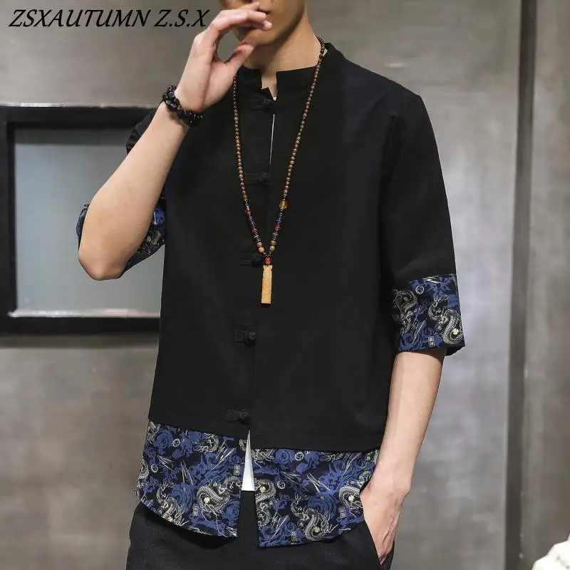 الصيف النمط الصيني خمس نقاط قصيرة الأكمام قميص الرجال القطن الصيني الكتان تانغ نمط Hanfu الملابس خمر المرقعة القمم