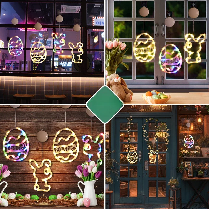 15Pcs/Lots Luminous Rabbit LED Lights Suction Cup Pendant Easter Indoor Window Festive Atmosphere Decoration Scene Layout