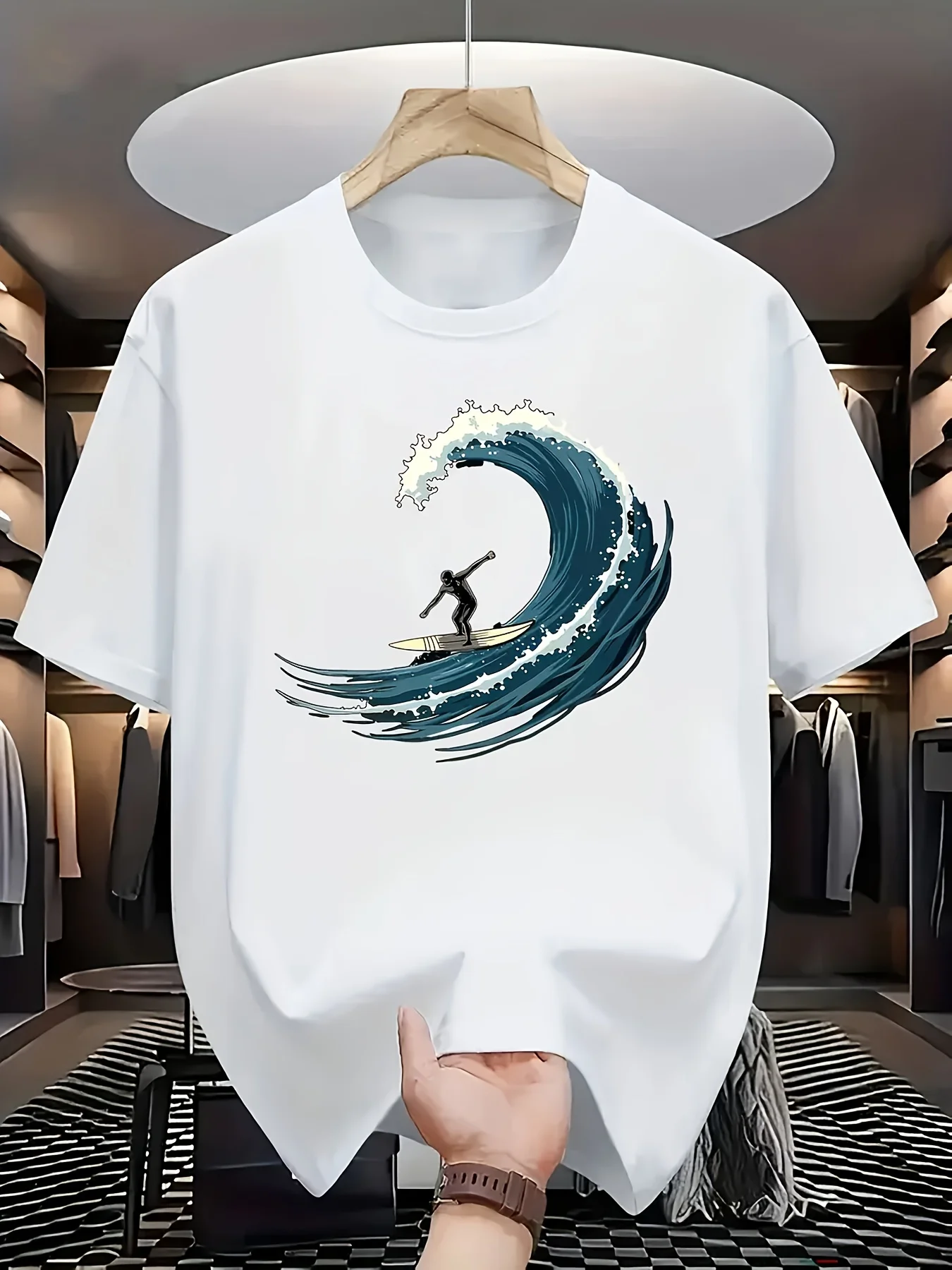 Streetwear Artistic Teal Wave and Surfer Silhouette Print Style Men's T Shirt Tee Women Cotton Summer Spring Oversized Novelty
