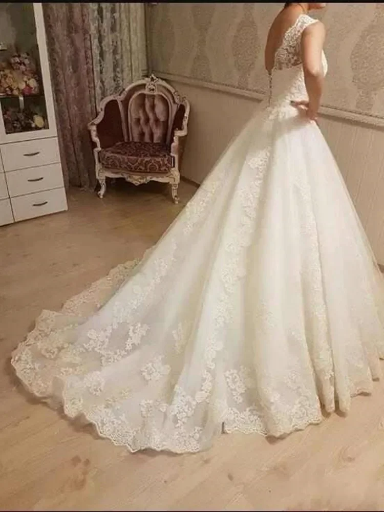 Customized Beautiful Cap Sleeves Lace Applique Wedding Dress Robe De Mariage Princess Ballgown Formal Sweetheart Court Train Bri