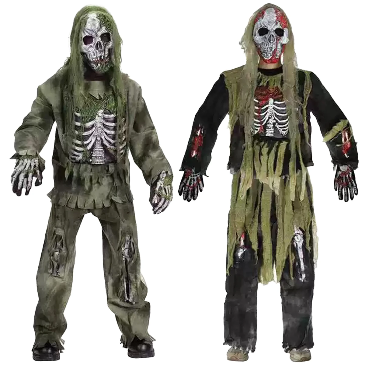 Kids & Adults Zombie Cosplay Costume, Scary Skeleton Tattered Outfit with Mask Gloves, Halloween Carnival Fancy Dress