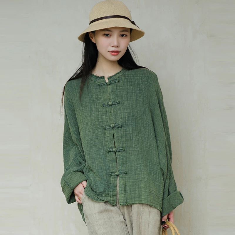 Chinese Style Women Casual Shirt New 2026 Autumn Vintage O-neck Knot Button Loose Female Batwing Sleeve Tops Shirts M3012